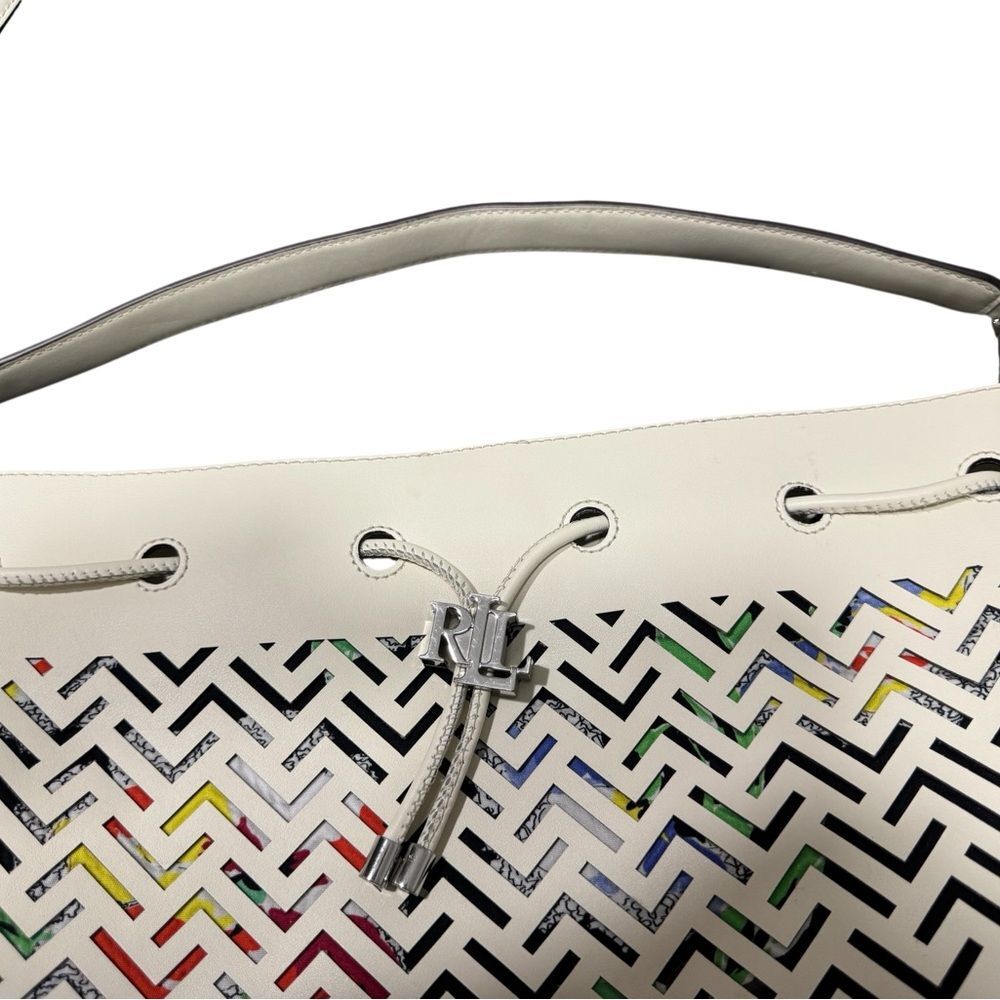 Lauren Ralph Lauren Andie Perforated Multicolor Vanilla Leather Drawstring Bag - Picture 8 of 13